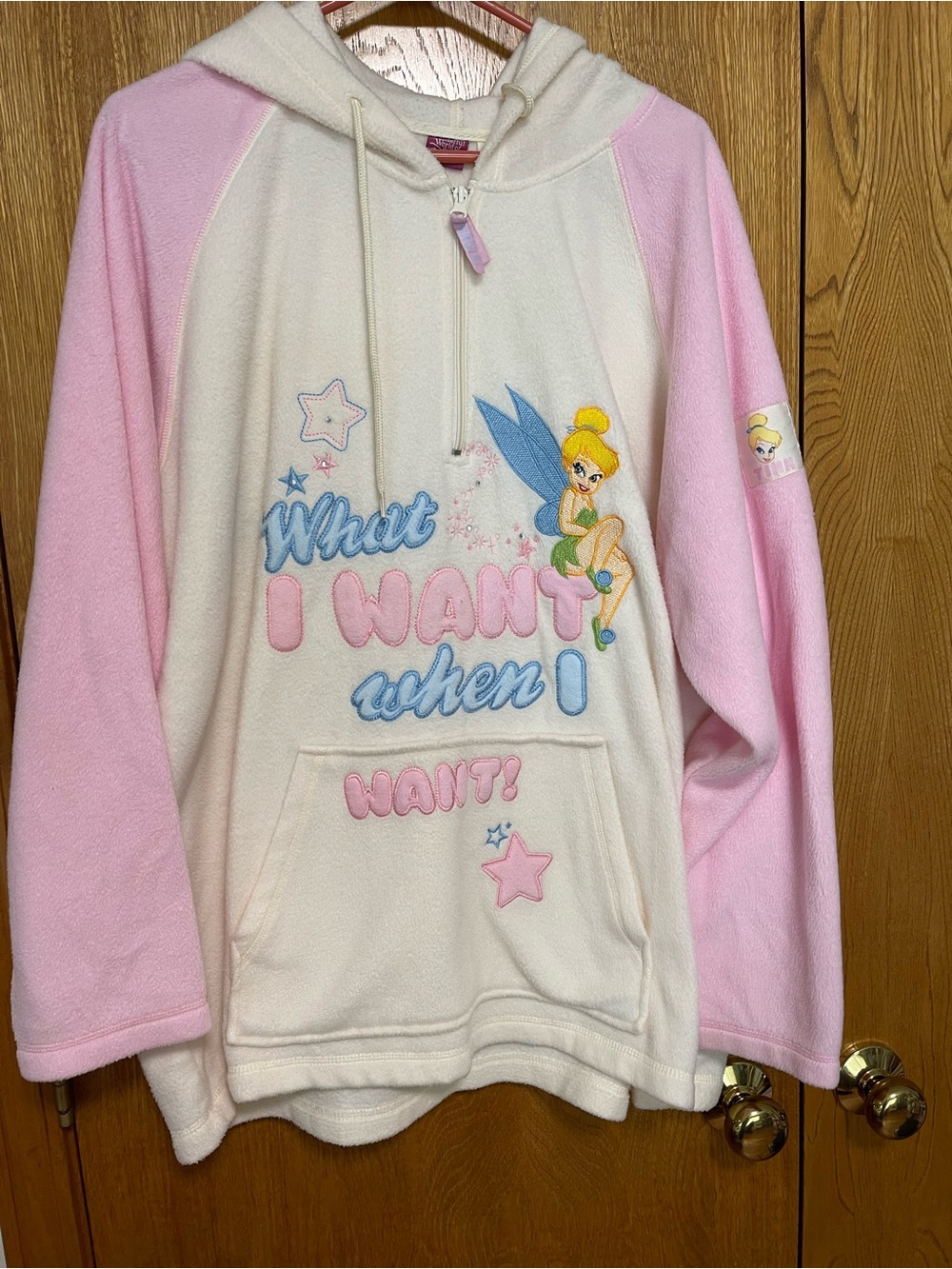 Women’s Pink & Cream Hooded Fleece Sweater with Tinkerbell Graphic Disney